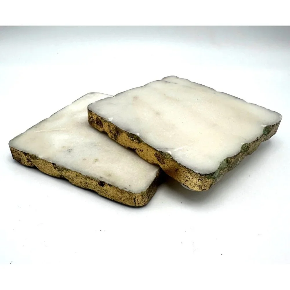 Gold-Edged White Marble Quartz Crystal Coasters Vintage Square Set 2 4x4